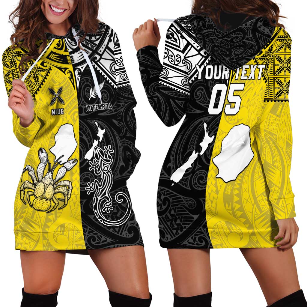 Custom New Zealand Maori And Niue Hiapo Hoodie Dress Lizard And Coconut Crab Together LT05 - Polynesian Pride