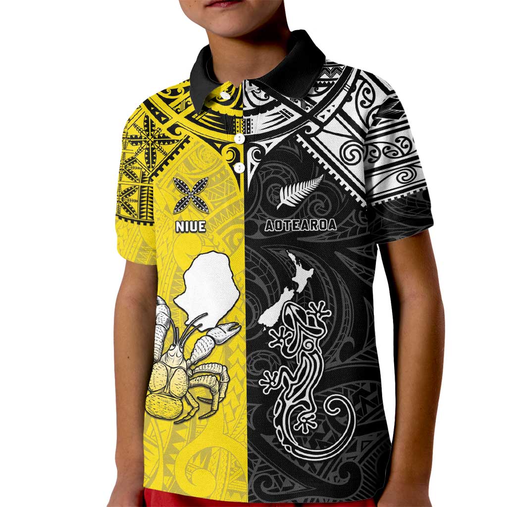 Custom New Zealand Maori And Niue Hiapo Kid Polo Shirt Lizard And Coconut Crab Together LT05 Kid Yellow - Polynesian Pride
