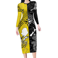 Custom New Zealand Maori And Niue Hiapo Long Sleeve Bodycon Dress Lizard And Coconut Crab Together LT05 Long Dress Yellow - Polynesian Pride
