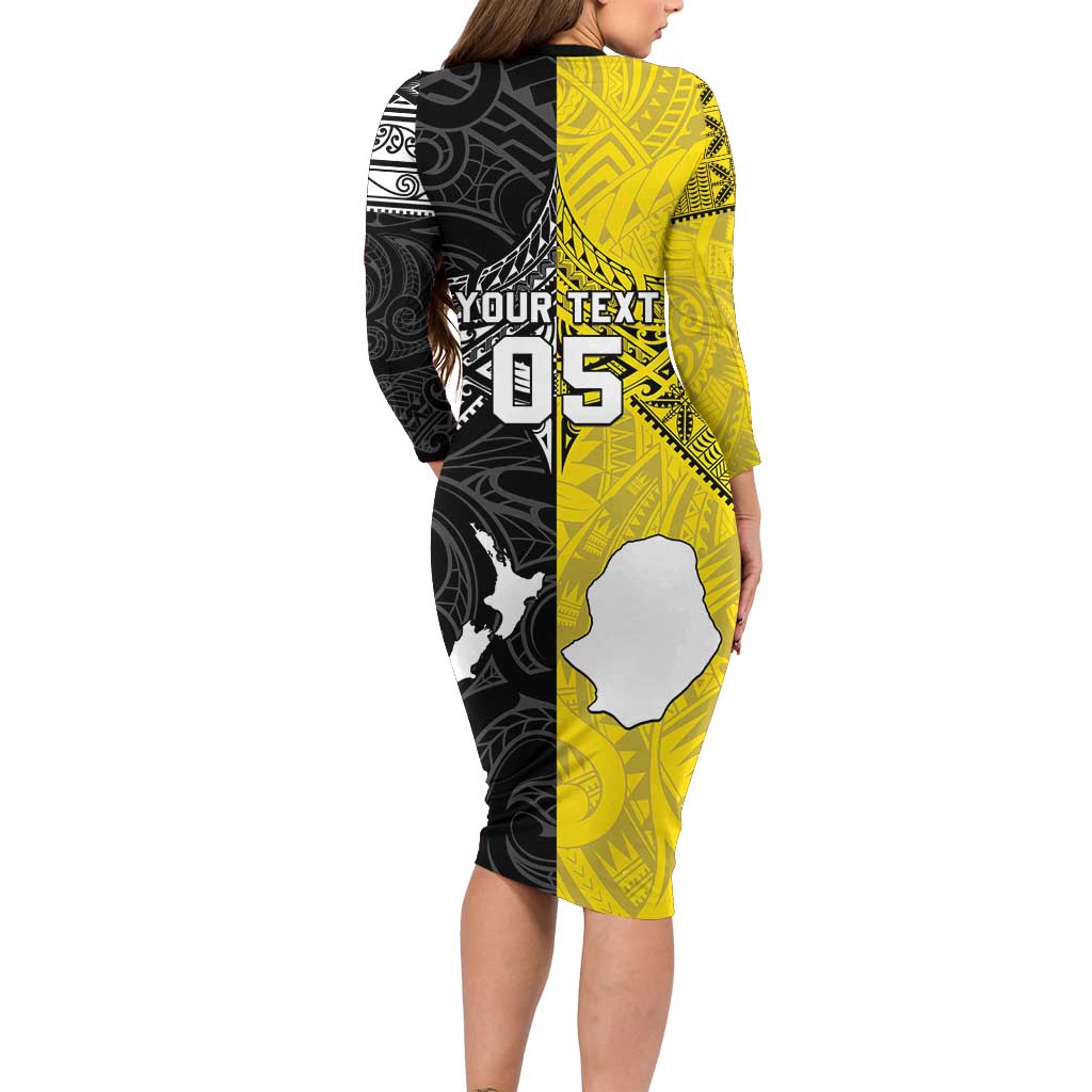 Custom New Zealand Maori And Niue Hiapo Long Sleeve Bodycon Dress Lizard And Coconut Crab Together LT05 - Polynesian Pride