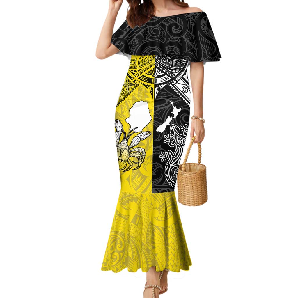 Custom New Zealand Maori And Niue Hiapo Mermaid Dress Lizard And Coconut Crab Together LT05 Women Yellow - Polynesian Pride