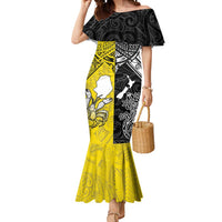 Custom New Zealand Maori And Niue Hiapo Mermaid Dress Lizard And Coconut Crab Together LT05 Women Yellow - Polynesian Pride