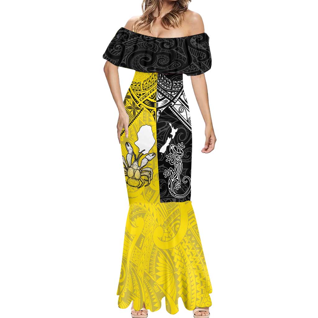 Custom New Zealand Maori And Niue Hiapo Mermaid Dress Lizard And Coconut Crab Together LT05 - Polynesian Pride