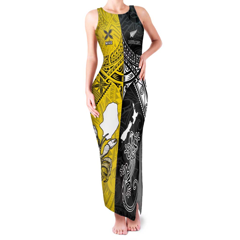 Custom New Zealand Maori And Niue Hiapo Tank Maxi Dress Lizard And Coconut Crab Together LT05 Women Yellow - Polynesian Pride