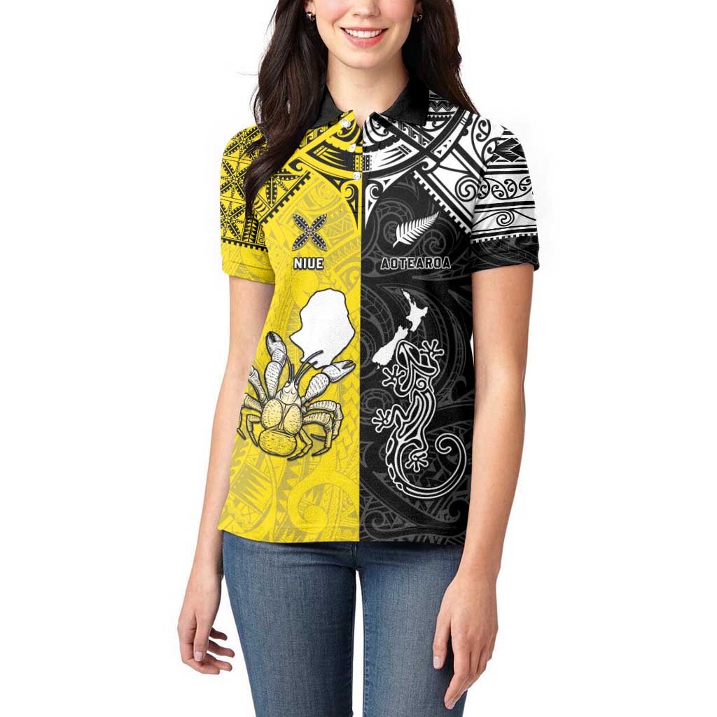 Custom New Zealand Maori And Niue Hiapo Women Polo Shirt Lizard And Coconut Crab Together LT05 - Polynesian Pride