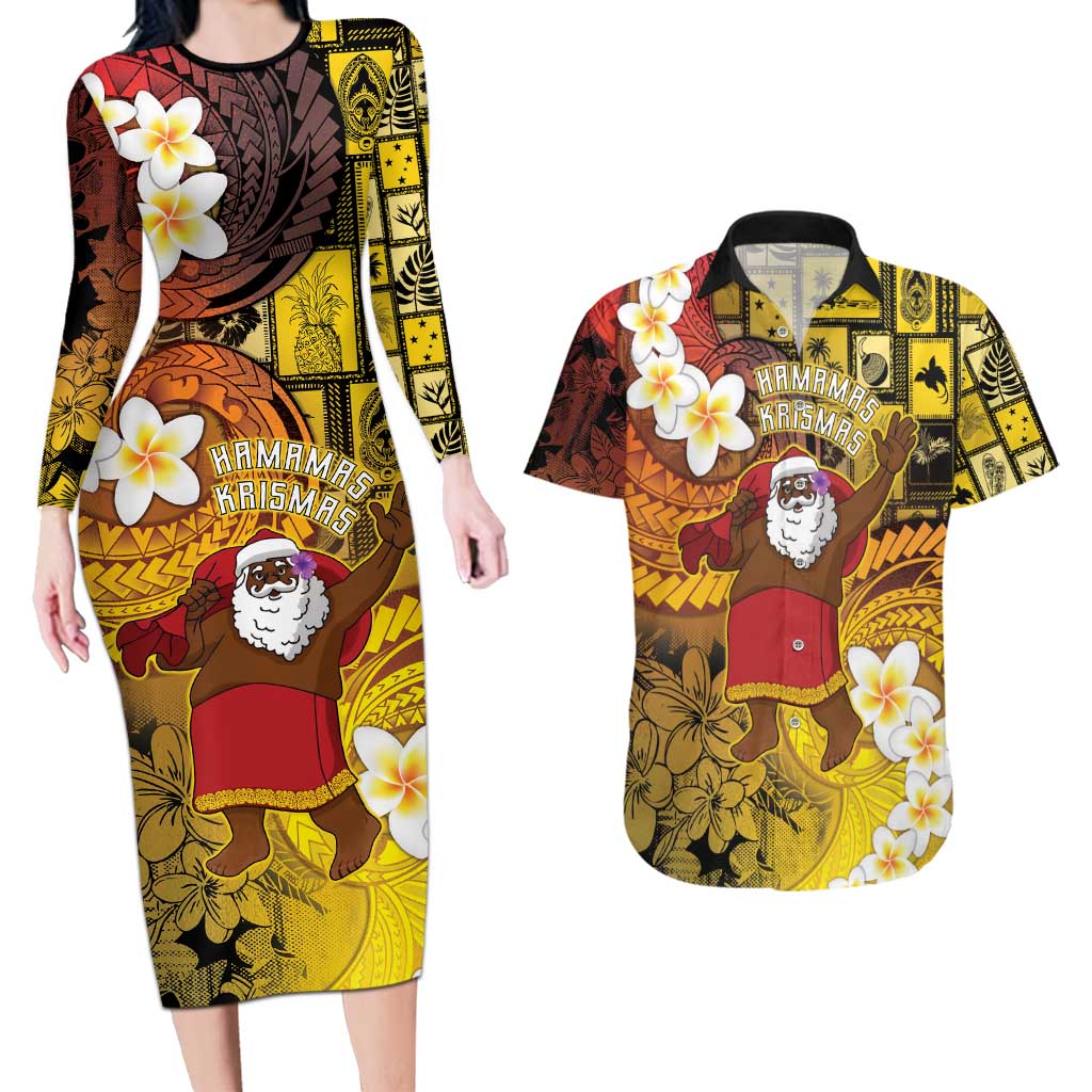 Papua New Guinea Retro Christmas Couples Matching Long Sleeve Bodycon Dress and Hawaiian Shirt Hamamas Krismas LT05 Colorful - Polynesian Pride