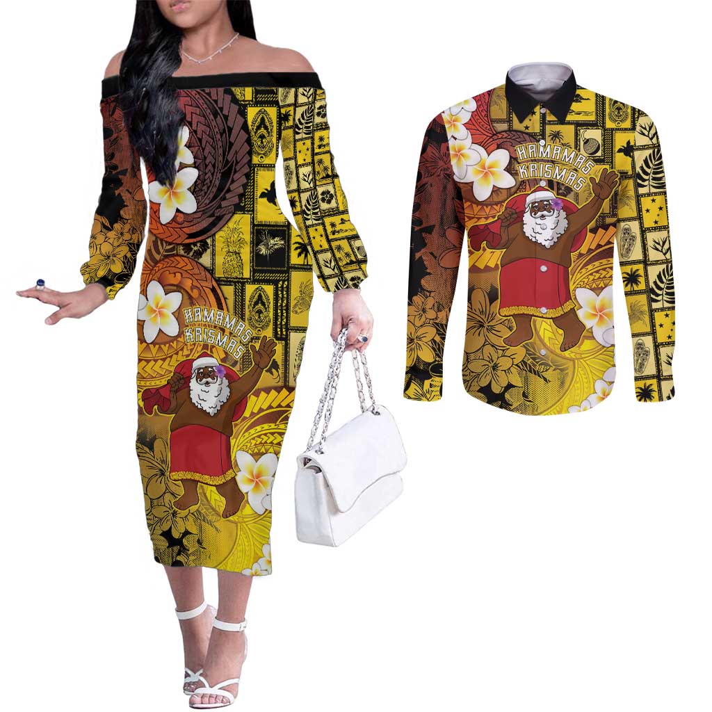 Papua New Guinea Retro Christmas Couples Matching Off The Shoulder Long Sleeve Dress and Long Sleeve Button Shirt Hamamas Krismas LT05 Colorful - Polynesian Pride