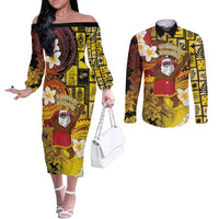 Papua New Guinea Retro Christmas Couples Matching Off The Shoulder Long Sleeve Dress and Long Sleeve Button Shirt Hamamas Krismas LT05 Colorful - Polynesian Pride