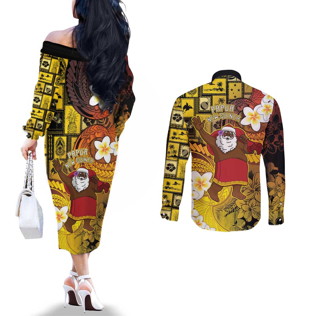 Papua New Guinea Retro Christmas Couples Matching Off The Shoulder Long Sleeve Dress and Long Sleeve Button Shirt Hamamas Krismas LT05 - Polynesian Pride