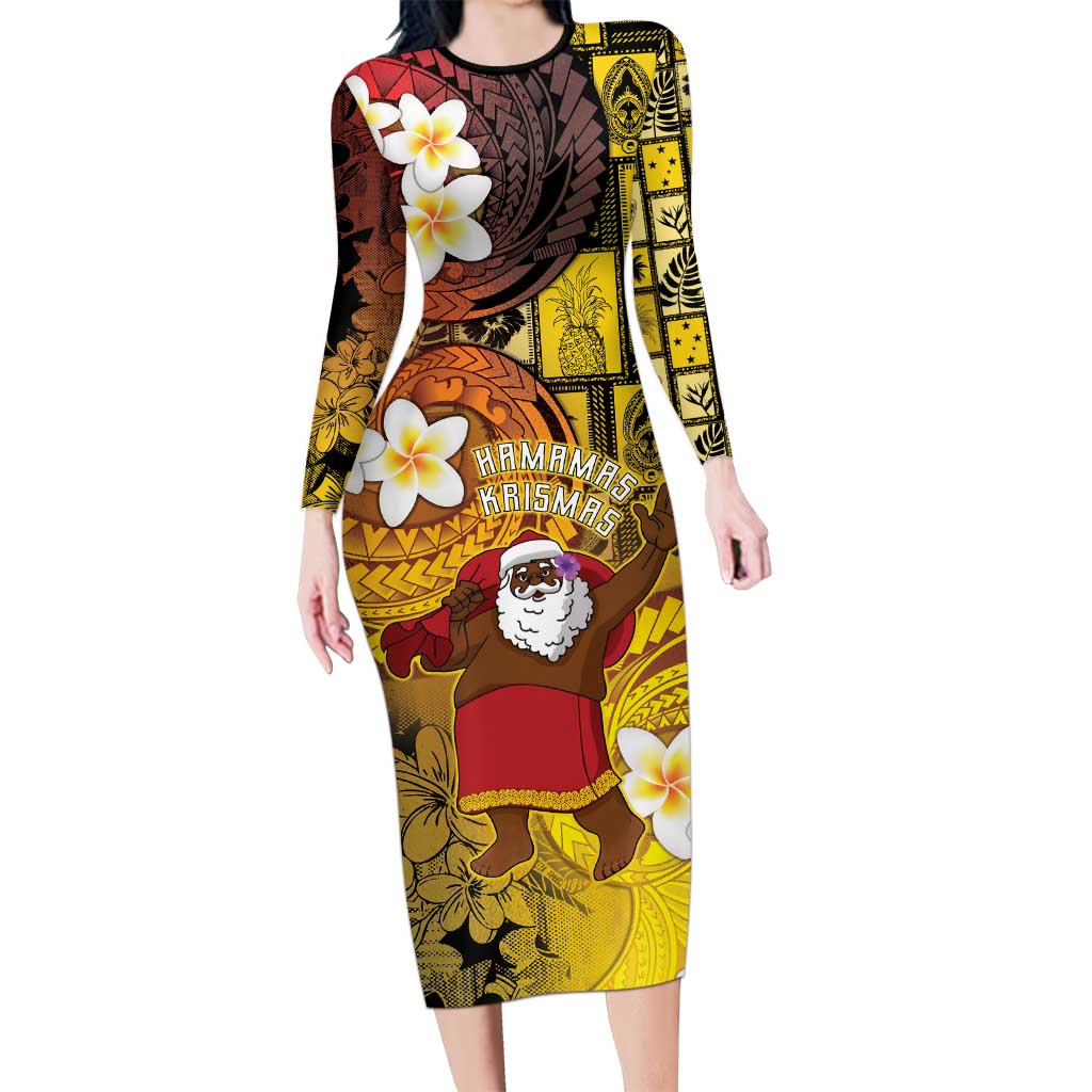 Papua New Guinea Retro Christmas Family Matching Long Sleeve Bodycon Dress and Hawaiian Shirt Hamamas Krismas LT05 Mom's Dress Colorful - Polynesian Pride