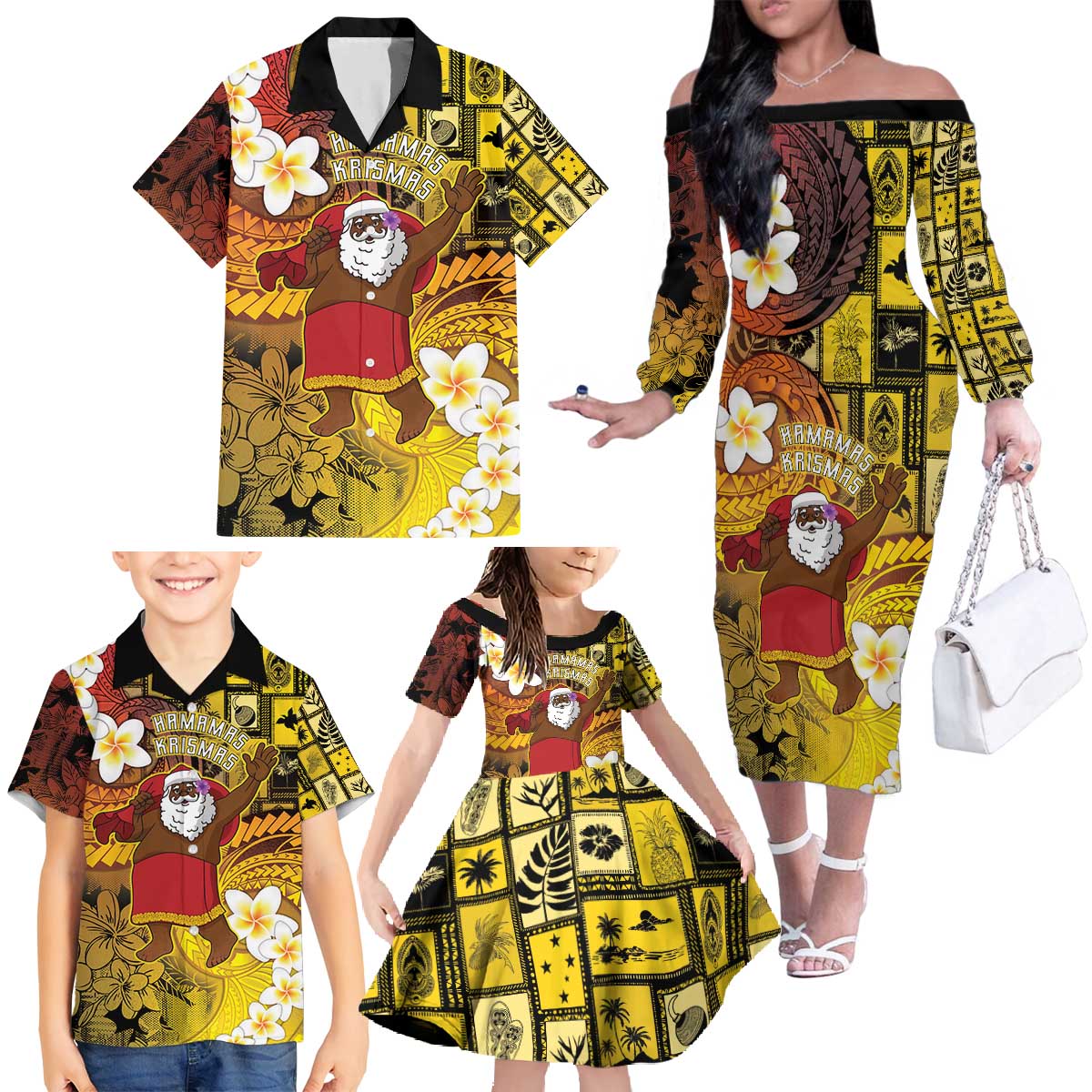 Papua New Guinea Retro Christmas Family Matching Off The Shoulder Long Sleeve Dress and Hawaiian Shirt Hamamas Krismas LT05 - Polynesian Pride