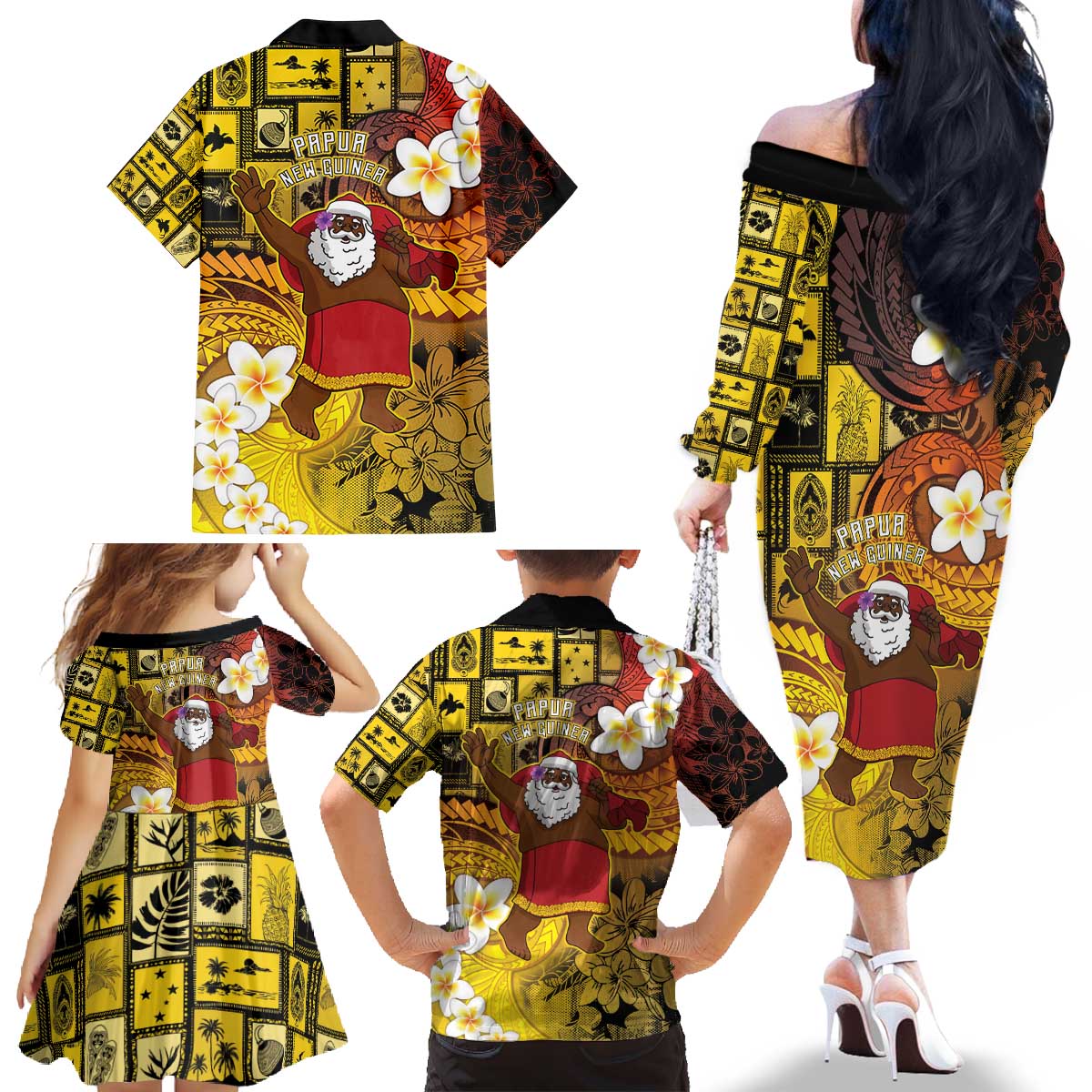 Papua New Guinea Retro Christmas Family Matching Off The Shoulder Long Sleeve Dress and Hawaiian Shirt Hamamas Krismas LT05 - Polynesian Pride