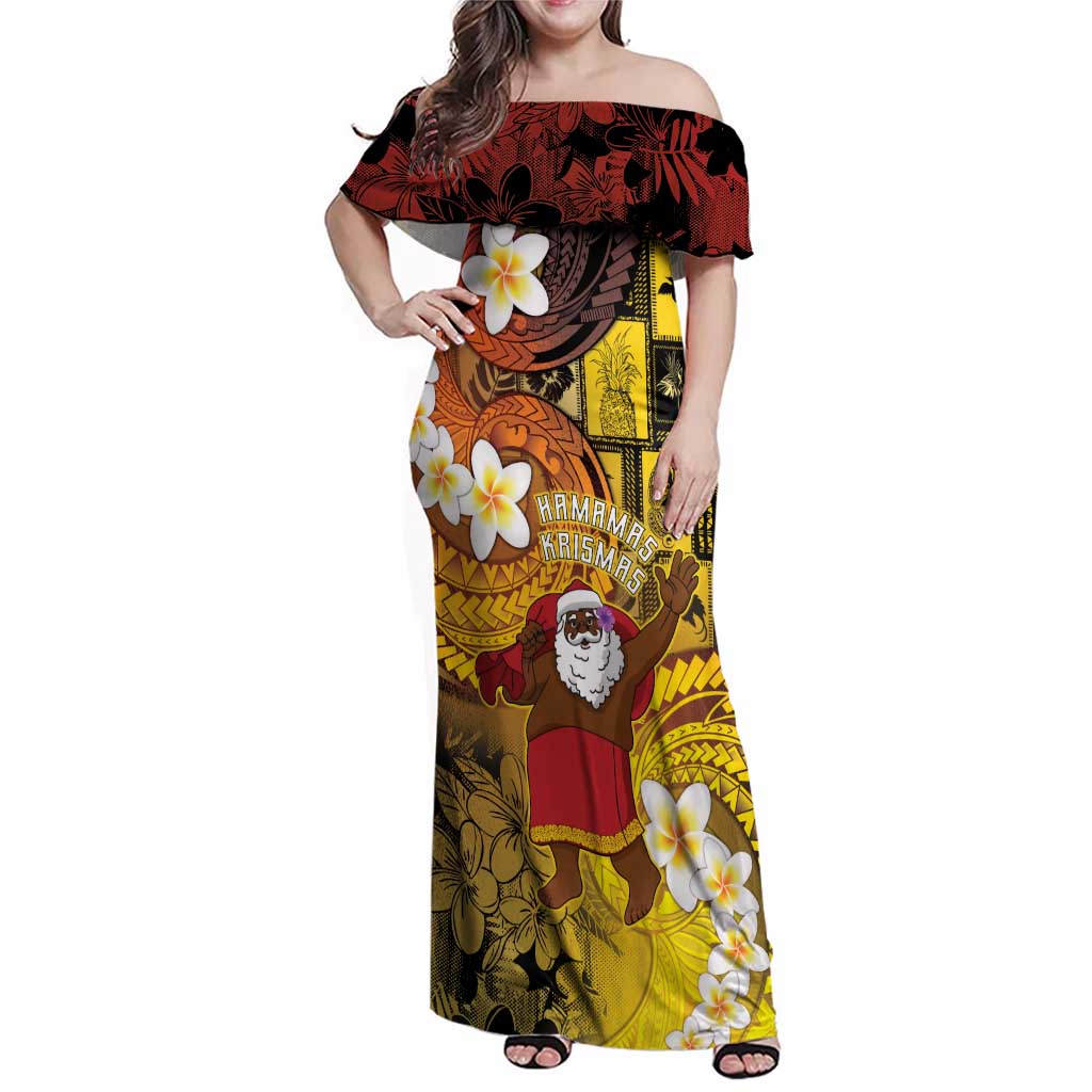 Papua New Guinea Retro Christmas Family Matching Off Shoulder Maxi Dress and Hawaiian Shirt Hamamas Krismas LT05 Mom's Dress Colorful - Polynesian Pride