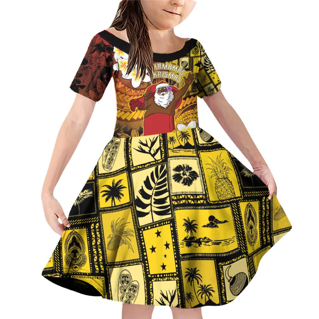 Papua New Guinea Retro Christmas Family Matching Off Shoulder Short Dress and Hawaiian Shirt Hamamas Krismas LT05 Daughter's Dress Colorful - Polynesian Pride