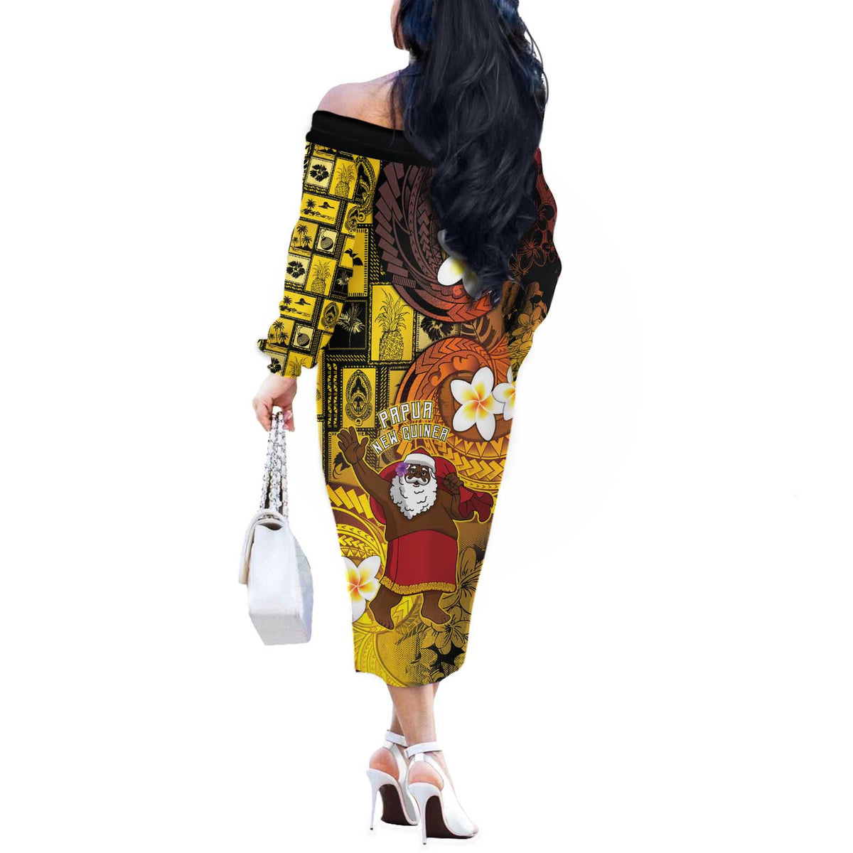 Papua New Guinea Retro Christmas Off The Shoulder Long Sleeve Dress Hamamas Krismas - Polynesian Pride