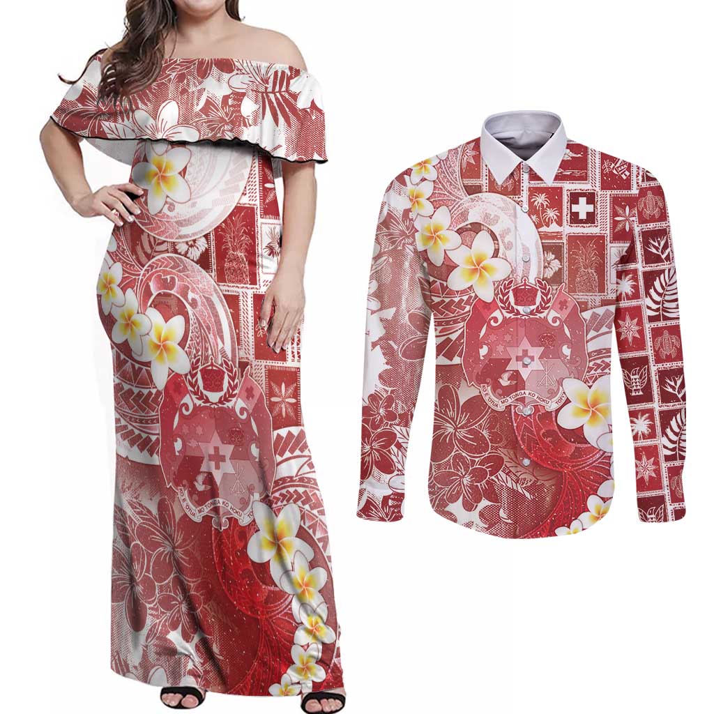 Tonga Christmas Couples Matching Off Shoulder Maxi Dress and Long Sleeve Button Shirt Kilisimasi Fiefia Retro Style Red - Polynesian Pride