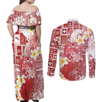 Tonga Christmas Couples Matching Off Shoulder Maxi Dress and Long Sleeve Button Shirt Kilisimasi Fiefia Retro Style Red - Polynesian Pride