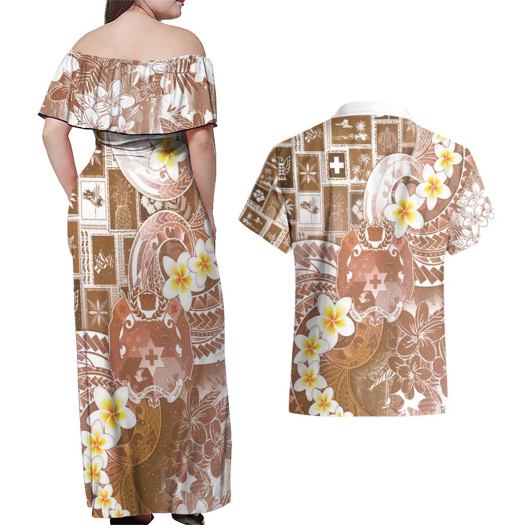 Tonga Christmas Couples Matching Off Shoulder Maxi Dress and Hawaiian Shirt Kilisimasi Fiefia Retro Style Brown - Polynesian Pride