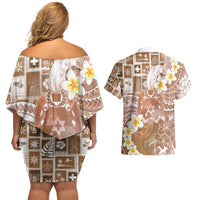 Tonga Christmas Couples Matching Off Shoulder Short Dress and Hawaiian Shirt Kilisimasi Fiefia Retro Style Brown - Polynesian Pride