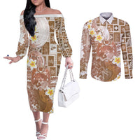 Tonga Christmas Couples Matching Off The Shoulder Long Sleeve Dress and Long Sleeve Button Shirt Kilisimasi Fiefia Retro Style Brown - Polynesian Pride