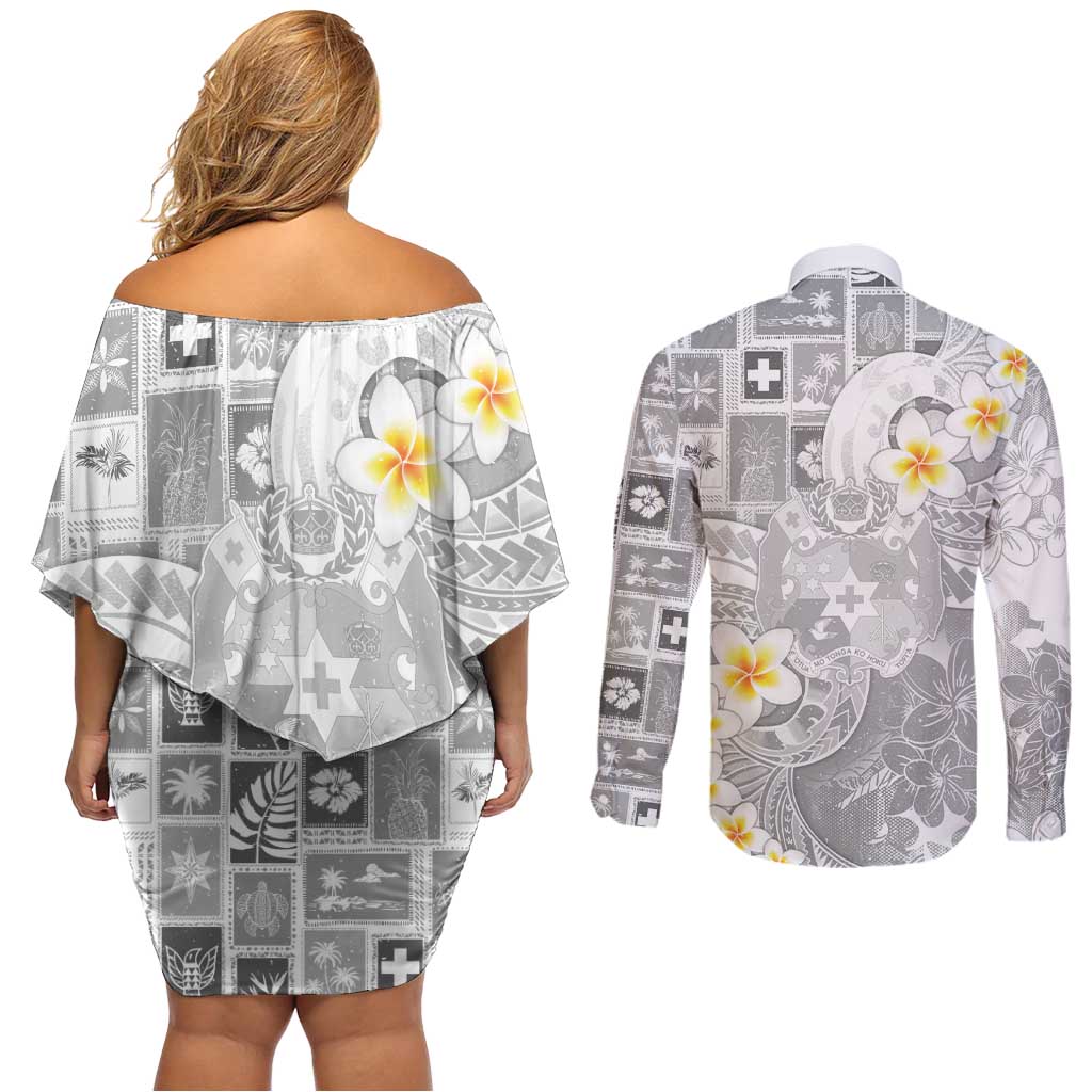 Tonga Christmas Couples Matching Off Shoulder Short Dress and Long Sleeve Button Shirt Kilisimasi Fiefia Retro Style White - Polynesian Pride