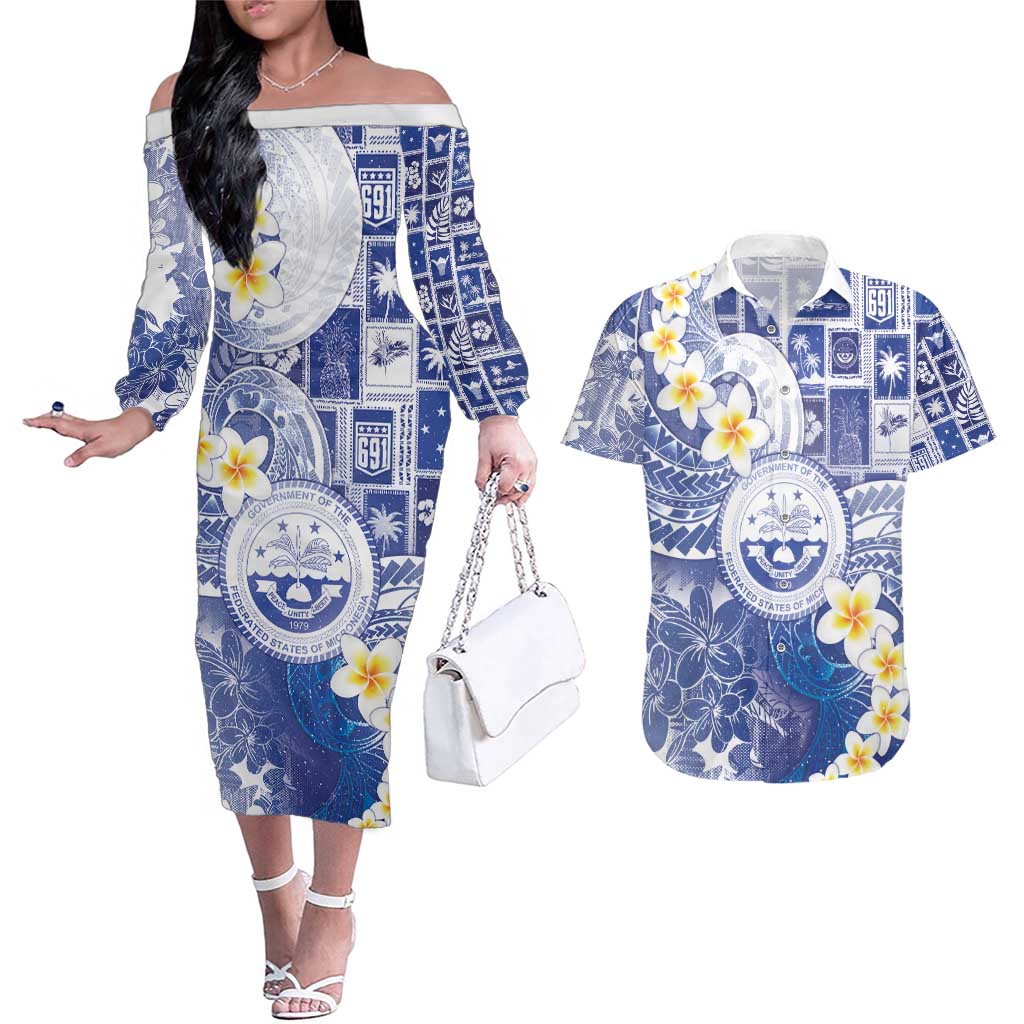 Federated States Of Micronesia Christmas Couples Matching Off The Shoulder Long Sleeve Dress and Hawaiian Shirt Retro Style Bright Version LT05 Blue - Polynesian Pride