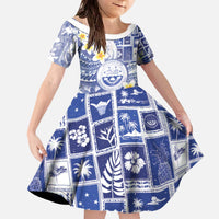 Federated States Of Micronesia Christmas Family Matching Off The Shoulder Long Sleeve Dress and Hawaiian Shirt Retro Style Bright Version LT05 Daughter's Dress Blue - Polynesian Pride