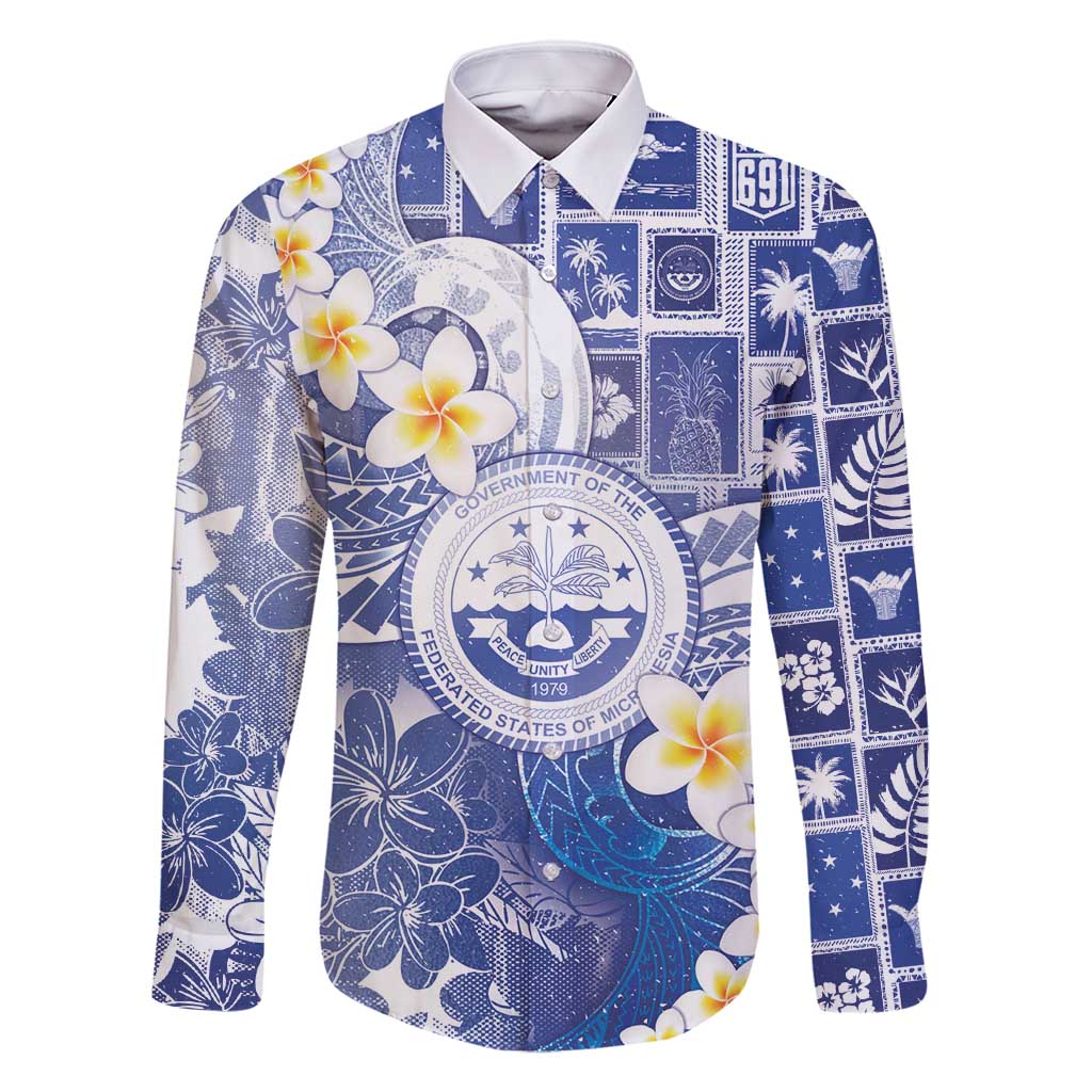 Federated States Of Micronesia Christmas Family Matching Off Shoulder Maxi Dress and Hawaiian Shirt Retro Style Bright Version LT05 Dad's Shirt - Long Sleeve Blue - Polynesian Pride
