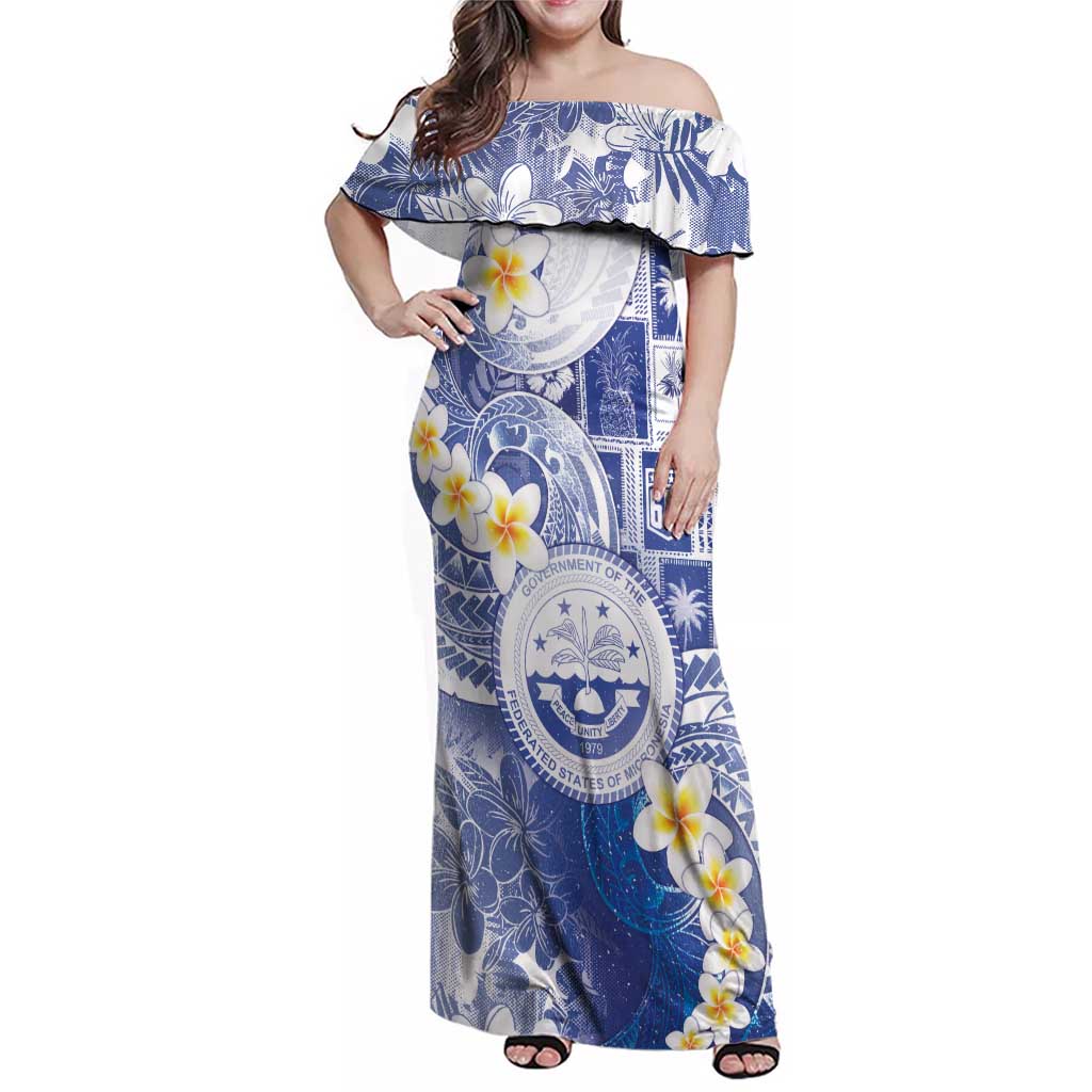 Federated States Of Micronesia Christmas Family Matching Off Shoulder Maxi Dress and Hawaiian Shirt Retro Style Bright Version LT05 Mom's Dress Blue - Polynesian Pride