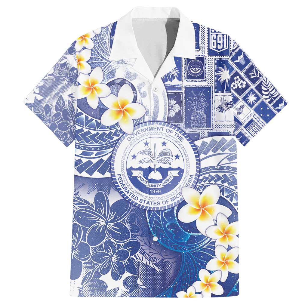 Federated States Of Micronesia Christmas Family Matching Off Shoulder Short Dress and Hawaiian Shirt Retro Style Bright Version LT05 Dad's Shirt - Short Sleeve Blue - Polynesian Pride