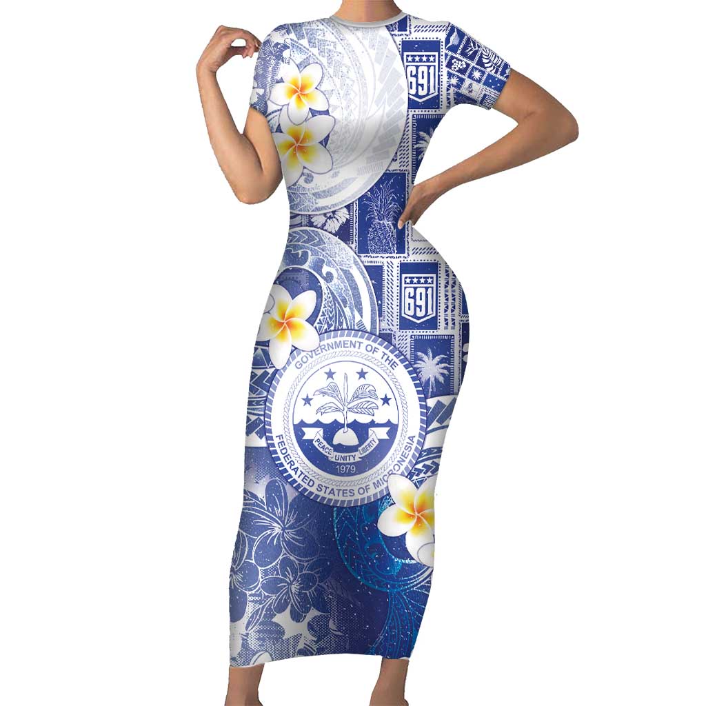 Federated States Of Micronesia Christmas Family Matching Short Sleeve Bodycon Dress and Hawaiian Shirt Retro Style Bright Version LT05 Mom's Dress Blue - Polynesian Pride
