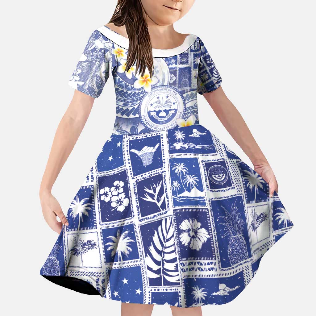 Federated States Of Micronesia Christmas Family Matching Summer Maxi Dress and Hawaiian Shirt Retro Style Bright Version LT05 Daughter's Dress Blue - Polynesian Pride