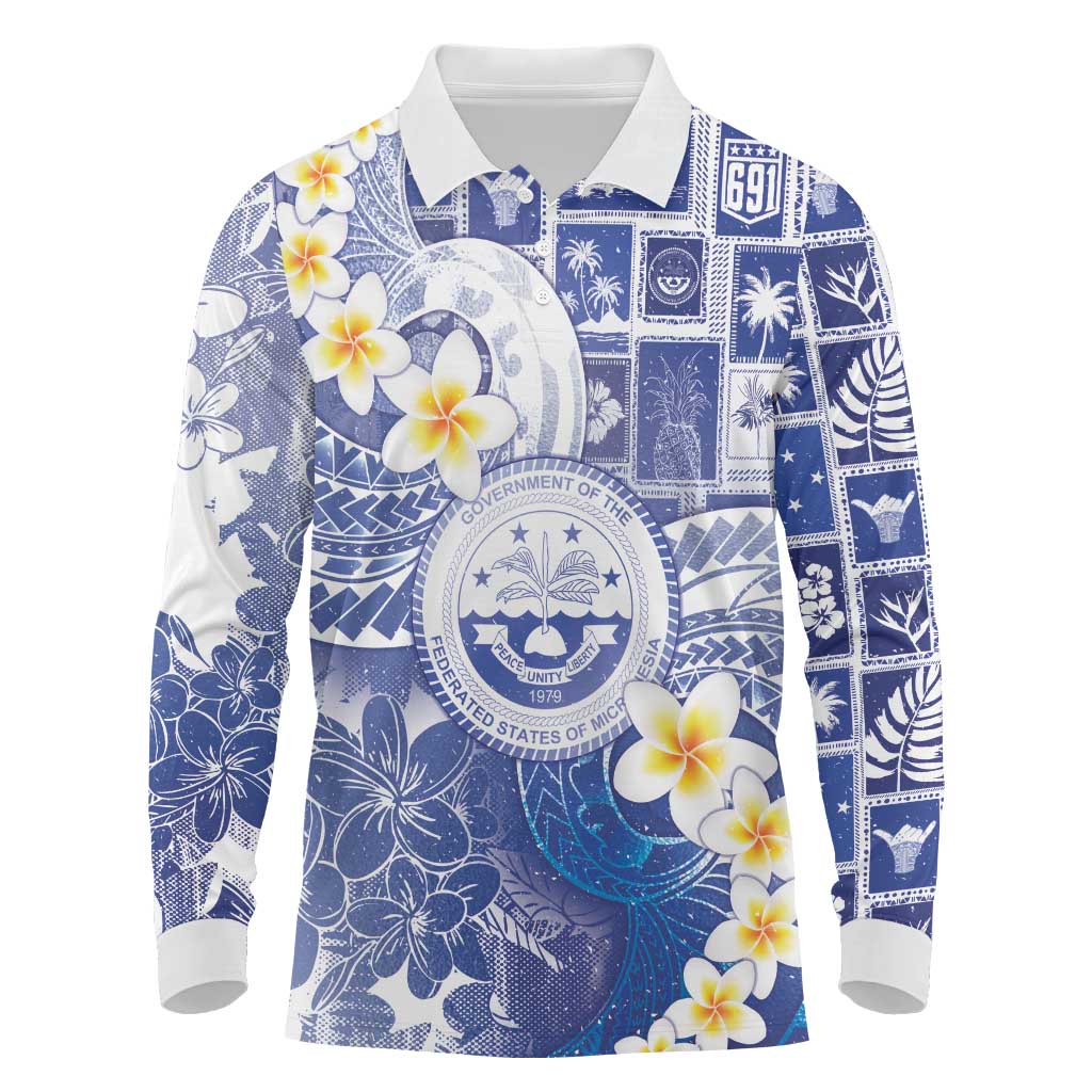 Federated States Of Micronesia Christmas Long Sleeve Polo Shirt Retro Style Bright Version LT05 Blue - Polynesian Pride