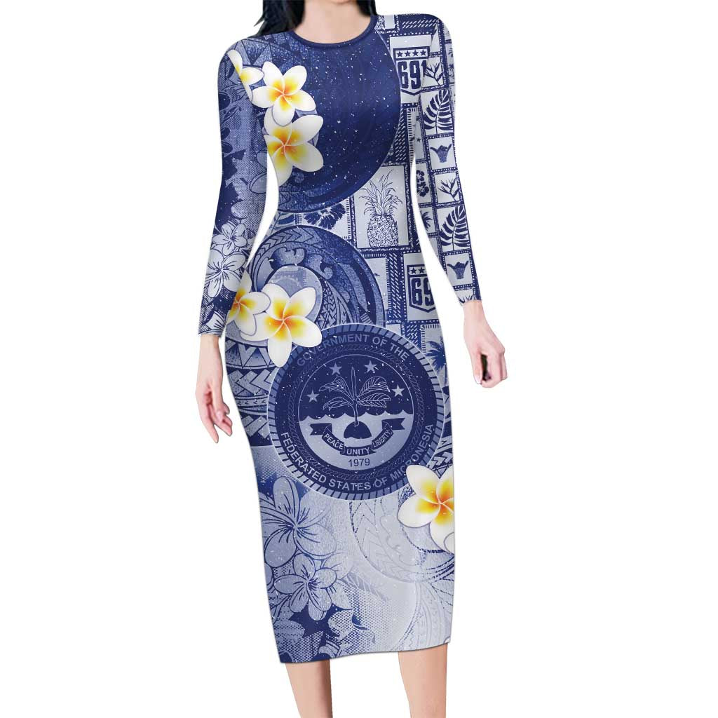 Federated States Of Micronesia Christmas Family Matching Long Sleeve Bodycon Dress and Hawaiian Shirt Retro Style Dark Version LT05 Mom's Dress Navy - Polynesian Pride