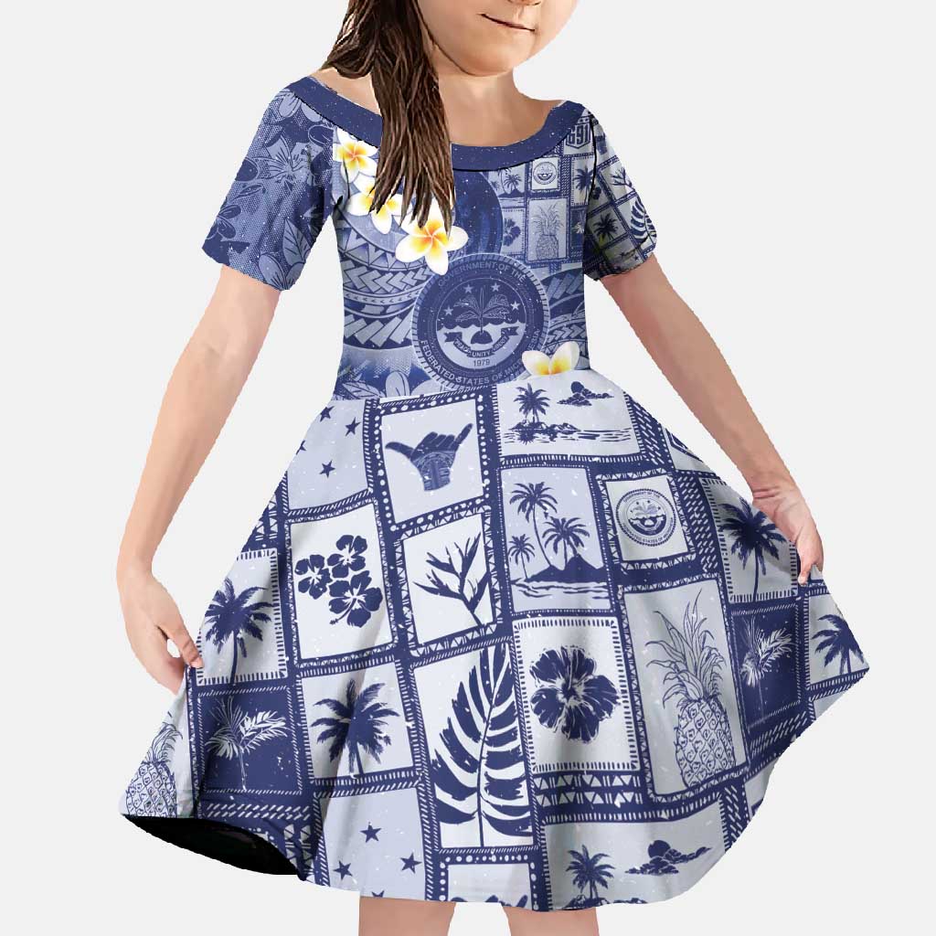 Federated States Of Micronesia Christmas Family Matching Mermaid Dress and Hawaiian Shirt Retro Style Dark Version LT05 Daughter's Dress Navy - Polynesian Pride
