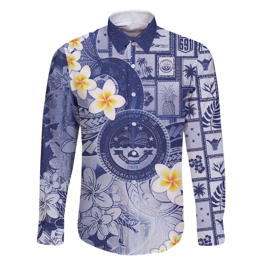 Federated States Of Micronesia Christmas Family Matching Off Shoulder Short Dress and Hawaiian Shirt Retro Style Dark Version LT05 Dad's Shirt - Long Sleeve Navy - Polynesian Pride