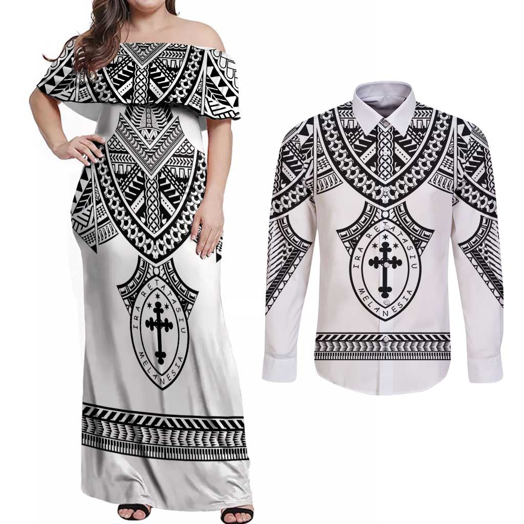 Personalised Melanesian Brotherhood Couples Matching Off Shoulder Maxi Dress and Long Sleeve Button Shirt With Tribal Pattern LT05 White - Polynesian Pride