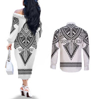 Personalised Melanesian Brotherhood Couples Matching Off The Shoulder Long Sleeve Dress and Long Sleeve Button Shirt With Tribal Pattern - Polynesian Pride