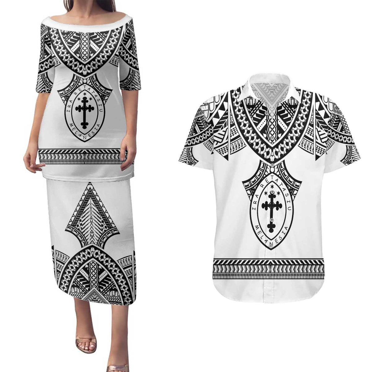 Personalised Melanesian Brotherhood Couples Matching Puletasi and Hawaiian Shirt With Tribal Pattern - Polynesian Pride
