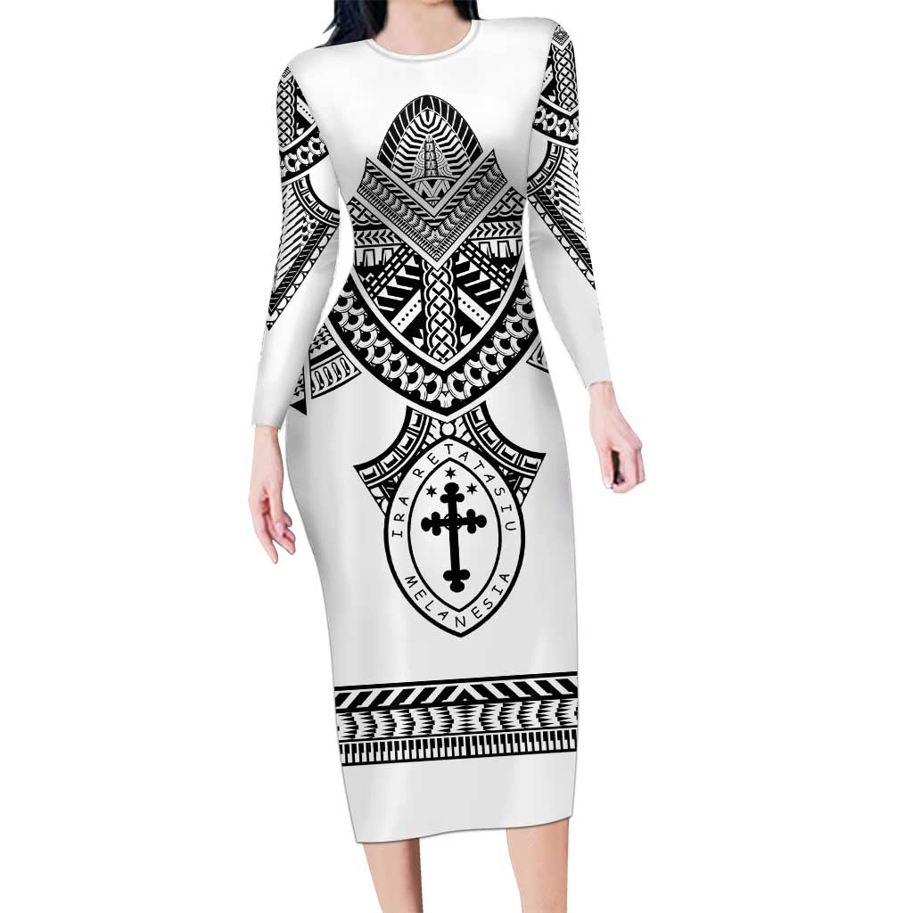 Personalised Melanesian Brotherhood Family Matching Long Sleeve Bodycon Dress and Hawaiian Shirt With Tribal Pattern LT05 Mom's Dress White - Polynesian Pride