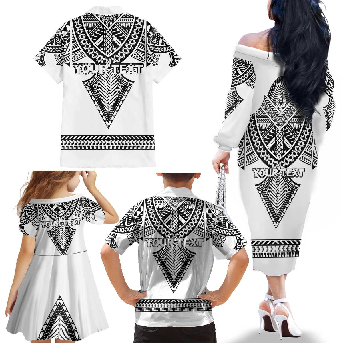 Personalised Melanesian Brotherhood Family Matching Off The Shoulder Long Sleeve Dress and Hawaiian Shirt With Tribal Pattern LT05 - Polynesian Pride
