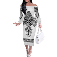 Personalised Melanesian Brotherhood Family Matching Off The Shoulder Long Sleeve Dress and Hawaiian Shirt With Tribal Pattern LT05 Mom's Dress White - Polynesian Pride