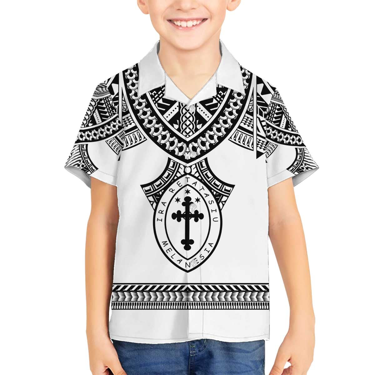 Personalised Melanesian Brotherhood Family Matching Off The Shoulder Long Sleeve Dress and Hawaiian Shirt With Tribal Pattern LT05 Son's Shirt White - Polynesian Pride