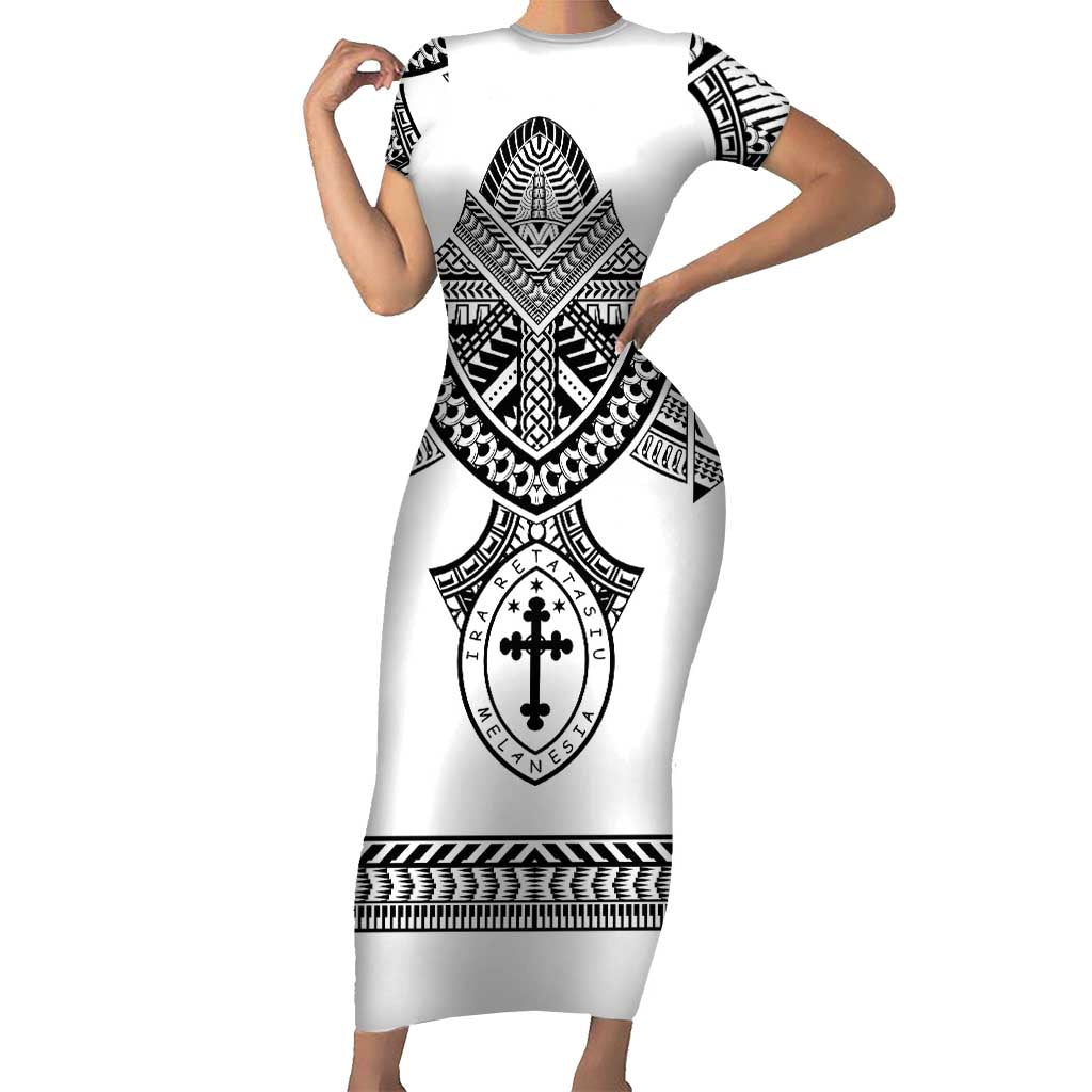 Personalised Melanesian Brotherhood Short Sleeve Bodycon Dress With Tribal Pattern LT05 Long Dress White - Polynesian Pride