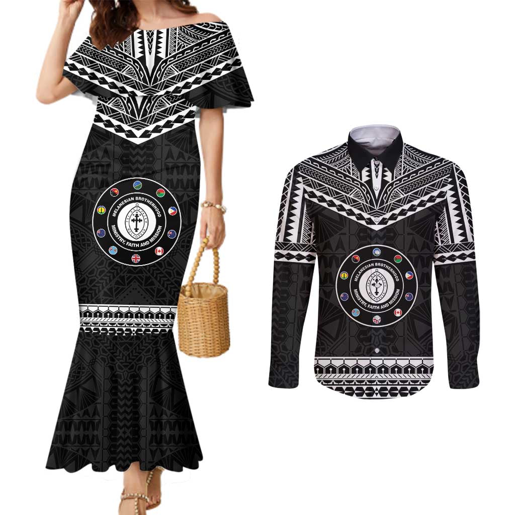 Personalised Melanesian Brotherhood Couples Matching Mermaid Dress and Long Sleeve Button Shirt Ministry Faith And Mission LT05 Black - Polynesian Pride