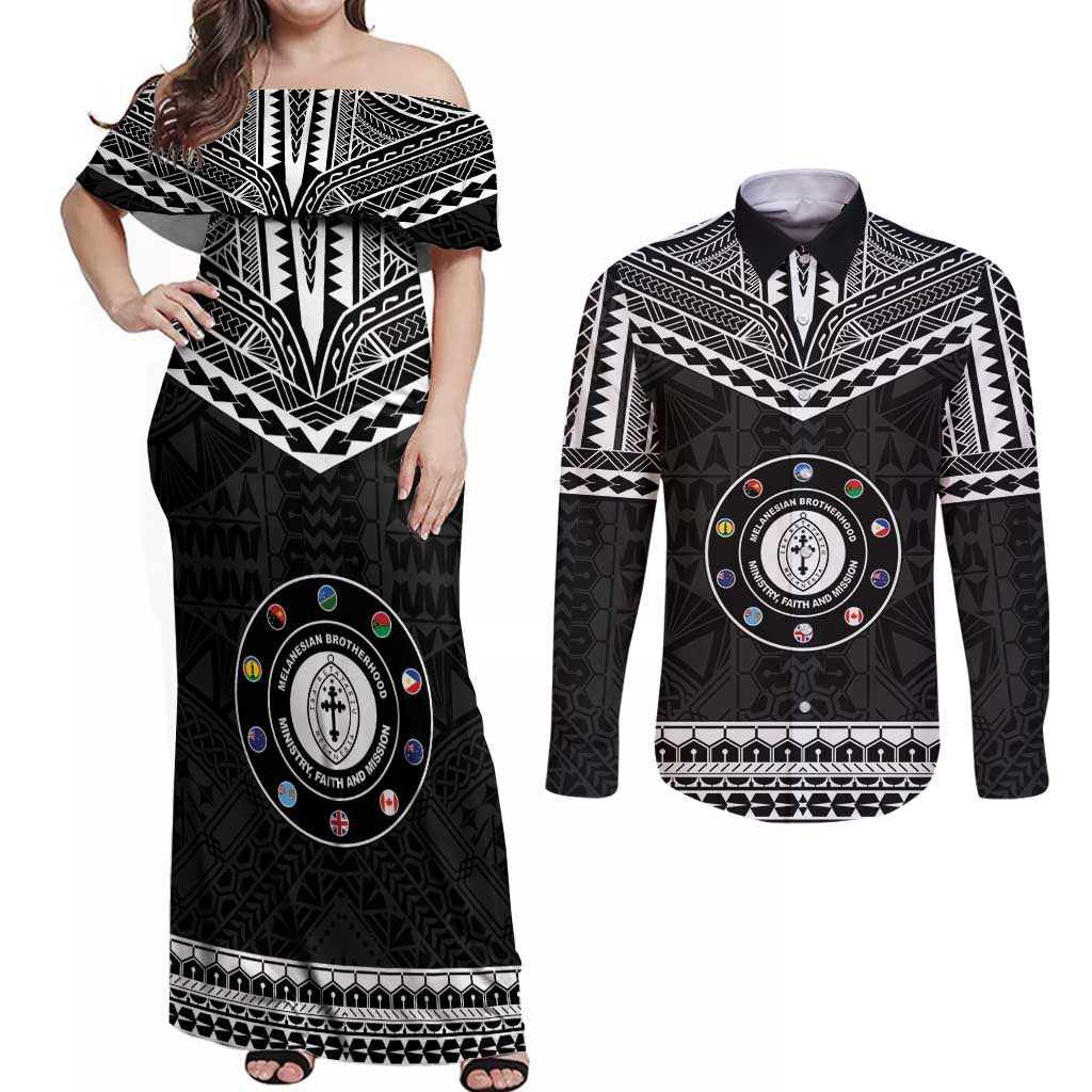 Personalised Melanesian Brotherhood Couples Matching Off Shoulder Maxi Dress and Long Sleeve Button Shirt Ministry Faith And Mission LT05 Black - Polynesian Pride