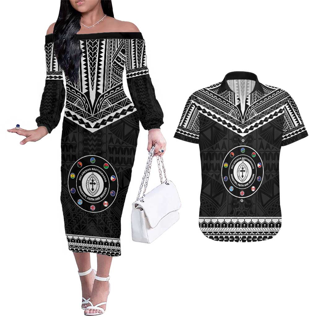 Personalised Melanesian Brotherhood Couples Matching Off The Shoulder Long Sleeve Dress and Hawaiian Shirt Ministry Faith And Mission LT05 Black - Polynesian Pride