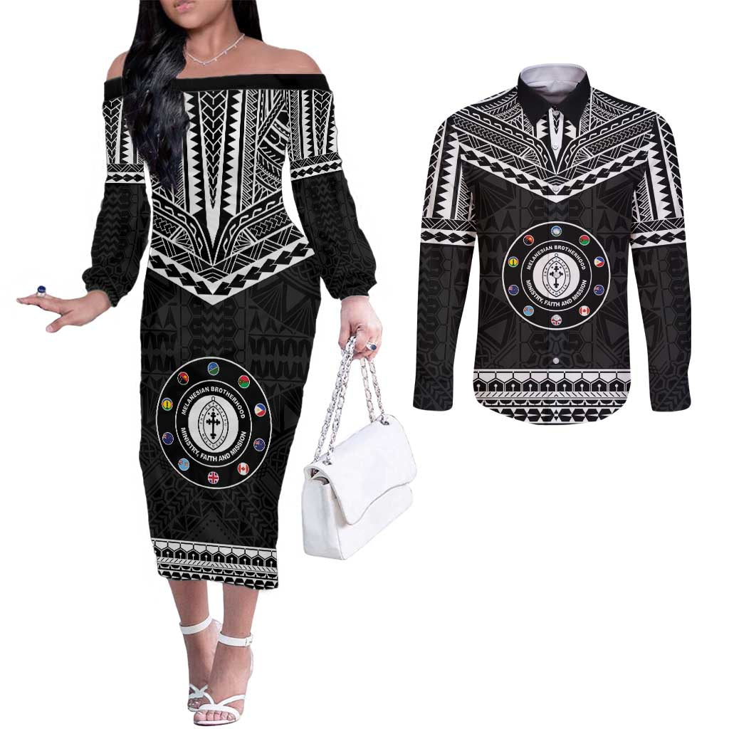 Personalised Melanesian Brotherhood Couples Matching Off The Shoulder Long Sleeve Dress and Long Sleeve Button Shirt Ministry Faith And Mission LT05 Black - Polynesian Pride