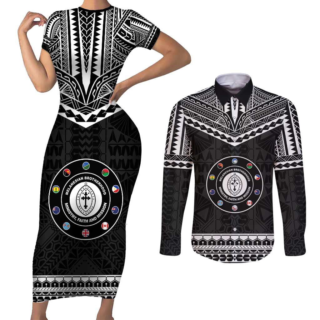 Personalised Melanesian Brotherhood Couples Matching Short Sleeve Bodycon Dress and Long Sleeve Button Shirt Ministry Faith And Mission LT05 Black - Polynesian Pride