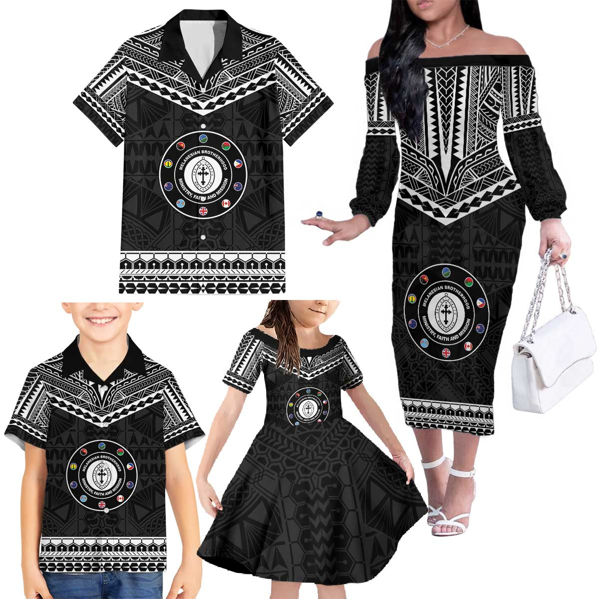 Personalised Melanesian Brotherhood Family Matching Off The Shoulder Long Sleeve Dress and Hawaiian Shirt Ministry Faith And Mission LT05 - Polynesian Pride
